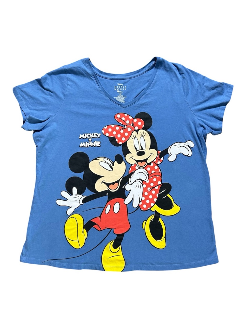 Disney Blue V-neck T-shirt with Large Mickey and Minnie Graphic size 1X